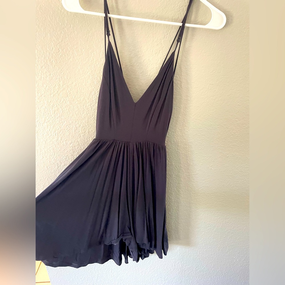 Gray romper, low back, spaghetti straps